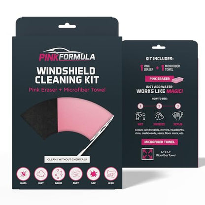 Pink Formula Windshield Cleaning Kit, Pink Eraser + Microfiber Cleaning Kit, Cleans Without Chemicals