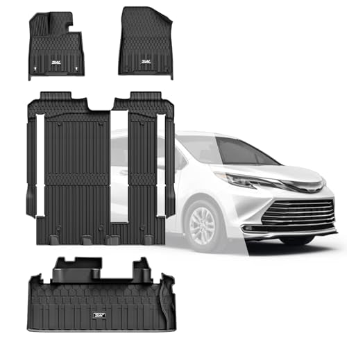 3W Floor Mats & Trunk Mat for Toyota Sienna 2021-2026 LE/XLE(Only for 8 Seat), TPE All Weather Custom Fit Floor Liner for Sienna 1st, 2nd and 3rd Row and Cargo Mat, Black - size: 1. Toyota Sienna 8 Seat|21-26|Full Mats