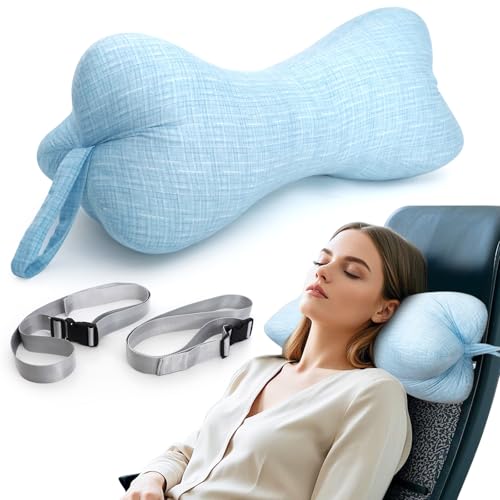 Neck & Cervical Pillow, Dog Bone Shaped Neck Pillow with 2 Fixed Ropes and Loops on Each End, for Chiropractic and Lumbar Spine Support, Travel Car Neck Cushion for Headrest Pillows, Blue - color: Blue