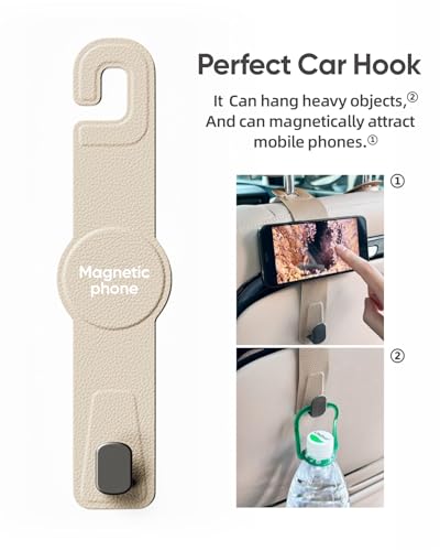 Car Headrest Hook with Swivel Magnet Phone Holder for Magsafe, 2-in-1 Double Hooks Hanger for Purse Bag, 360° Rotating Hands-Free Car Accessories for Handbag Coat Umbrella(1 Pack Milkshake White)