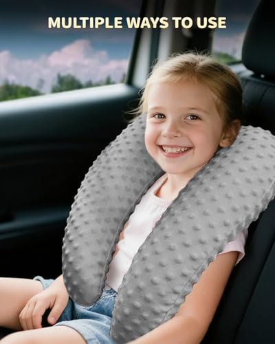 Memory Foam Kids Travel Pillow, Car Pillow for Kids, H-Shape Car Pillows for Sleeping, Removable Pillowcase, Adjustable, Velvet Dots, Grey - color: Velvet Dots Grey