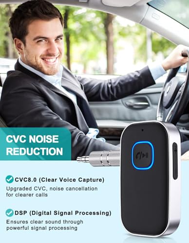 WOCBUY Bluetooth Car Adapter, WOCBUY 3.5mm AUX Bluetooth Receiver for Music Streaming, Wireless Music Audio Adapter with Built-in Mic, Home Stereo, Speakers (Handsfree Car Kits, 16H Playtime)
