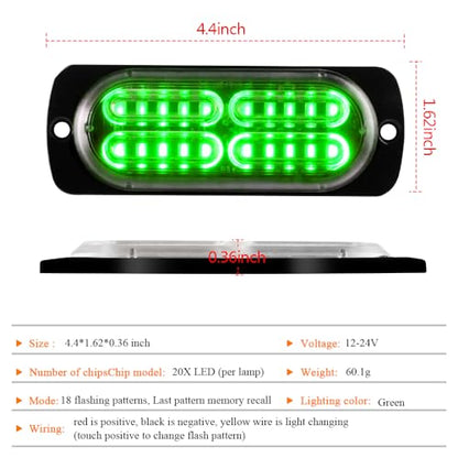 4PCS Strobe Lights for Truck 12-24V 20 LED Slim Surface Mount Emergency Flashing Lights for Vehicles for Car Truck Vehicle SUV ATV, Caution Hazard Warning Light IP68 Waterproof (Green) - color: Green