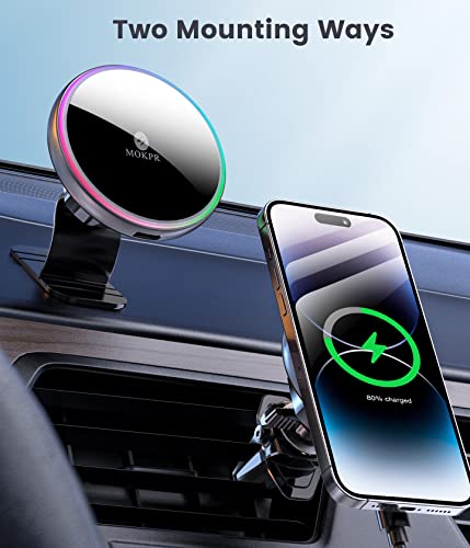 MOKPR for Magsafe Car Mount Charger-Wireless Car Charger-Magnetic Car Phone Holder for Dash Air Vent-LED RGB HandsFree Car Mount Fast Car Charger for iPhone 16 15/14/13/12 Series with QC 3.0 Adapter - color: Brigh Black
