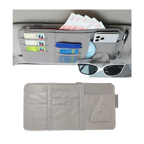 Ohleats Car Sun Visor Organizer, Multifunctional Visor Storage Holder for License Pen Key, Leather Card Cash Pouch with Multi-Pocket Net Zipper, Universal Interior Car Accessories (Gray) - color: Gray