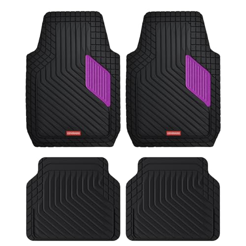 Coverado Car Floor Mats Full Set – Heavy-Duty PVC Floor Mats with Purple Metallic Heel Pad, All-Weather Protection for Front & Rear, Non-Slip Backing, Easy-Clean Interior Liners - color: Purple