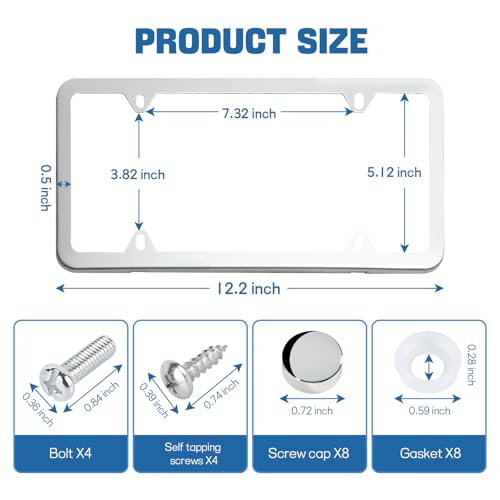 Wuyaoyao 2PCS Car License Plate Frames, 4 Holes Stainless Steel License Plate Frame, Slim License Plates Cover Holder with Screws Bolts Caps Washers, Universal Exterior Car Accessories (Silver) - color: Silver