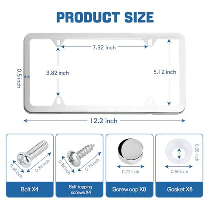 Wuyaoyao 2PCS Car License Plate Frames, 4 Holes Stainless Steel License Plate Frame, Slim License Plates Cover Holder with Screws Bolts Caps Washers, Universal Exterior Car Accessories (Silver) - color: Silver
