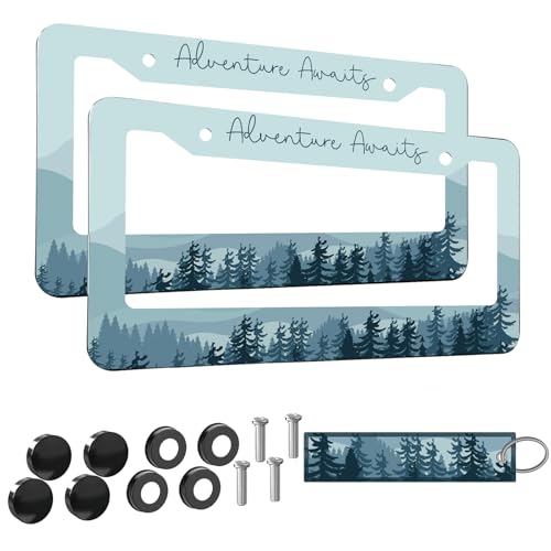 2pcs Mountain Adventure Awaits License Plate Frame for Women,Natural Pine Forest Mountain Horizon Landscape car Decorative tag Frames Girly,Blue Botanical License Plate Cover Holder with Keychain tag - color: for Awaits