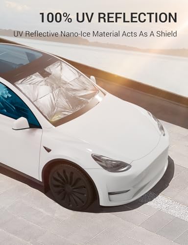 BASENOR 2017-2026 Tesla Model Y Model 3 Windshield Sunshade Umbrell [Nano Ice Crystal Particle] Front Window Shade, Coating 100% Heat Protection Retractable Sunshades - size: Model 3/Y Umbrella