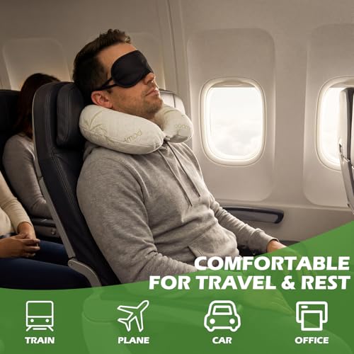 Bamboo Memory Foam Travel Pillow Set for Airplanes Head Support Neck Pillow for Sleeping Travel Headrest for Cars Planes Machine Washable Cover
