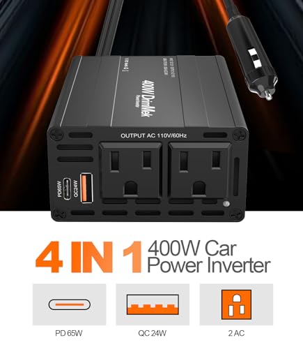 400W Car Power Inverter - Dual DC 12V to 110V AC Car Plug Adapter Outlets, Fast Charging USB C 65W & 24W Port, Power Inverters for Vehicles, Laptop Car Charger, Road Trips - color: BLACK