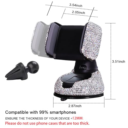 SUNCARACCL Bling Car Phone Holder, 360°Adjustable Universal Rhinestone Crystal Auto Phone Mount Stand Accessories for Windshield Dashboard and Air Outlet (White) - color: White