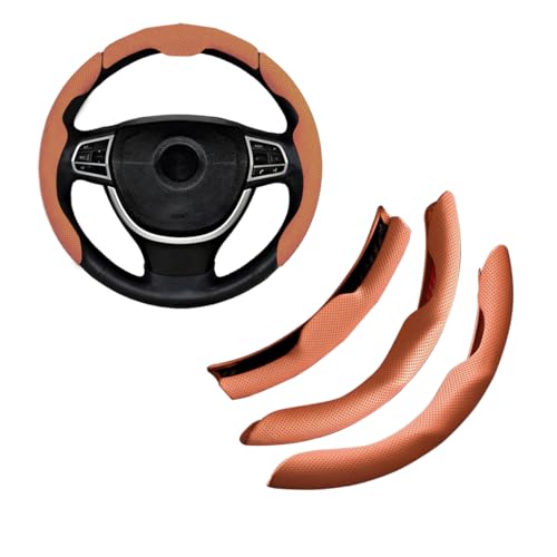Car Steering Wheel Cover, Nappa Leather 15 Inch Snap-On 3PCS Set Vehicle Steer Wheel Wrap Protector, Non-Slip Automotive Interior Protection Accessories, Universal Fit (Orange) - color: Orange