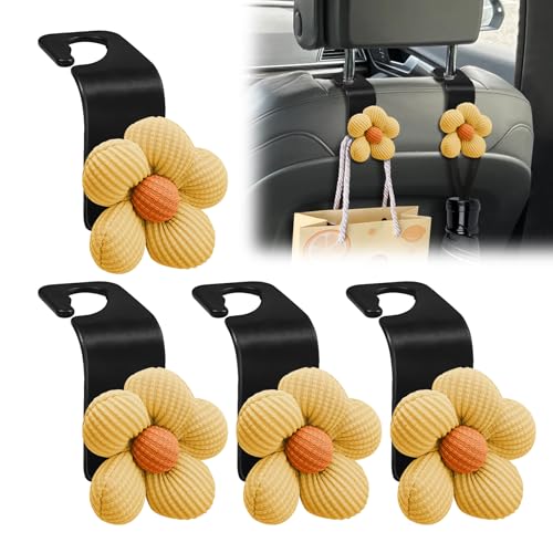 4PCS Car Seat Headrest Hook, Car Purse Hook, Cute Flower Auto Seat Back Organizer Bag Holder, Auto Accessories Portable Vehicle Purse Hanger Holder Decoration Fit for SUV Sedan Truck (Yellow) - color: Yellow