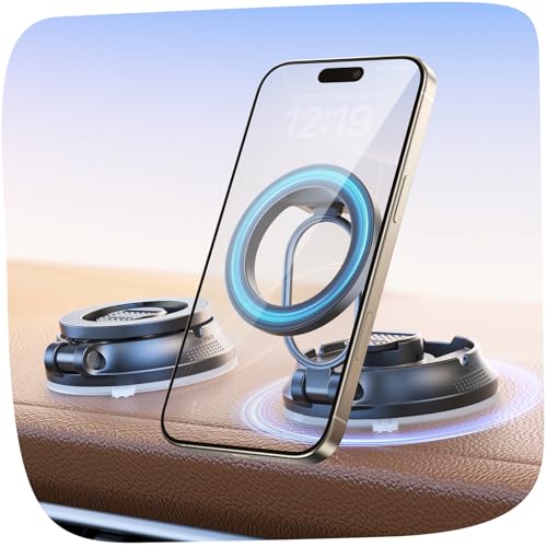 【2026 Newest】SUPERONE for Magsafe Car Mount Suction Cup,【Strongest Suction, 70% Less Spcae】Magnetic Car Phone Holder, Vacuum Phone Mount Foldable Car Accessories for iPhone 17 Pro Max/16/15/14/13/12 - color: Black