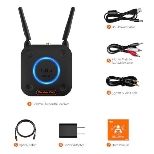 [Upgraded] 1Mii B06Pro Long Range Bluetooth Receiver, HiFi Wireless Audio Adapter, Bluetooth 5.3 Receiver with 3D Surround aptX HD Low Latency Optical RCA AUX 3.5mm Coaxial for Home Stereo System - color: B06Pro Black