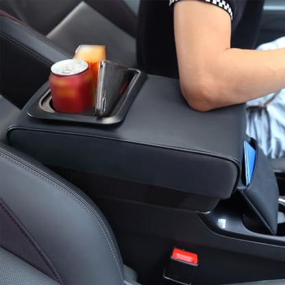 PU Leather Armrest Cushion with Cup Holder, Car Center Console Pad with Front Storage Pocket, Elbow Rest Pillow, Universal Car Armrest Seat Box Cover Protector - Black - color: Black