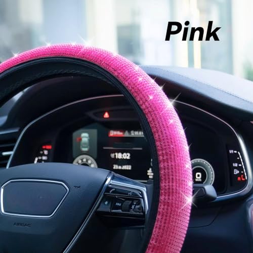 Bling Steering Wheel Cover, Rhinestone Steering Wheel Cover with Crystal Diamond for Women, Sparkling Car Wheel Protector Universal Fit 14-15 inches - Hot Pink - color: pink