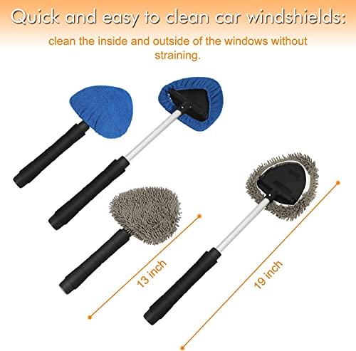 JOYFUL&HOPEFUL Car Windshield Cleaning Tool, Car Inside Window Cleaner Tool with Extendable Handle, 4pc Microfiber and 2pc Chenille, Car Interior Cleaner Tool Anti Fog, Streaks Free - size: 19 Inch-2pc