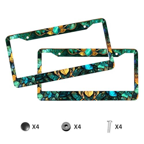 Stained Glass License Plate Frame Emerald Gold Art Nouveau Personalise Funny Design Compatible with Standard License Plate Holder for USA 6 X 12 Inch with Screws - color: Stained Glass, size: 6"L x 12"W(1PC)