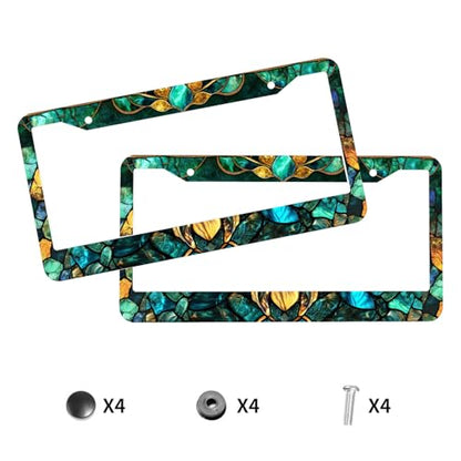 Stained Glass License Plate Frame Emerald Gold Art Nouveau Personalise Funny Design Compatible with Standard License Plate Holder for USA 6 X 12 Inch with Screws - color: Stained Glass, size: 6"L x 12"W(1PC)