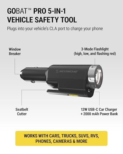 Scosche PB5N1 GoBat Pro 5-in-1 Vehicle Safety Kit, Emergency Car Escape Tool with Seatbelt Cutter, Glass Window Breaker, LED Flashlight, 12W USB-C Car Charger and Portable Power Bank