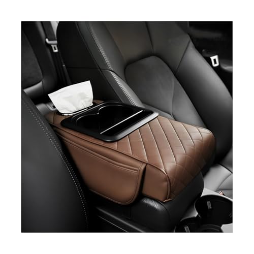 Car Center Console Armrest Box Mat, Nappa Leather Armrest Box Cover with Tissue Box, Cup Holder & Phone Holder, Middle Console Arm Rest Protection Pillow, Universal for Vehicles (Brown) - color: Brown