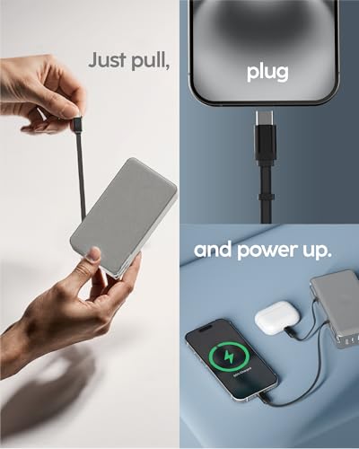 myCharge RetractaCharger 10000mAh Portable Charger Power Bank with 28-Inch Retractable 2 USB-C Cable | Built-in Wall Plug | 30W PD Fast Charging | USB-C & A Ports | Digital Display | Grey - size: 2 USB-C Cables