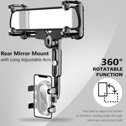 LvShuLiangPin Rearview Mirror Phone Holder for Car, 360° Rotating Rear View Mount with Adjustable Arm Length, Upgraded Four Corners Fixed Anti-Shake Multifunctional Design for All Smartphones
