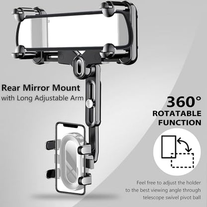 LvShuLiangPin Rearview Mirror Phone Holder for Car, 360° Rotating Rear View Mount with Adjustable Arm Length, Upgraded Four Corners Fixed Anti-Shake Multifunctional Design for All Smartphones