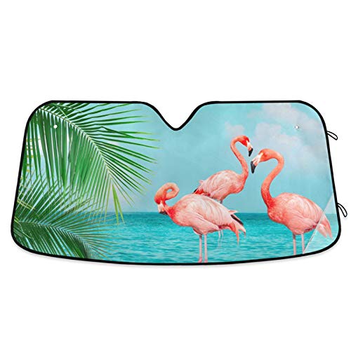Retro Flamingos Standing Blue Sea Car Windshield Sunshade Foldable Reflective Sun Shade Blocks UV Rays - color: Flamingo