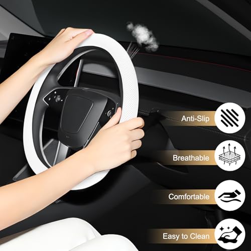 Microfiber Leather Universal 14.5-15 inch Steering Wheel Cover,Easy to Install Non-Slip Breathable Steering Wheel Protector White - color: White
