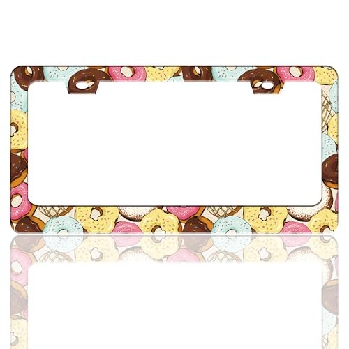 Donut License Plate Frame Colorful Donuts Cartoon Stainless Steel License Plate Holder for Front and Rear Car Tags Funny for Car Decoration Accessories with Screws 6.3 X 12.2 in for Women Men - color: Donut