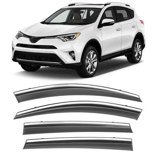 Shatterproof Taped-On Window Deflectors for Toyota Rav4 2013-2018 with Chrome Trim, Rain Guards, Window Visors for Car, Vent Deflector, 4pcs - size: For 2013-2018 RAV4