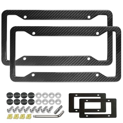 Aootf Carbon Fiber License Plate Frames- 100% Real Carbon Cloth Wrapped Stainless Steel Car Tag Holder, 2 Pack Wide Edge Black Covers with Anti Theft Screws Caps, 4 Hole - style: Wide Edge-4 Hole
