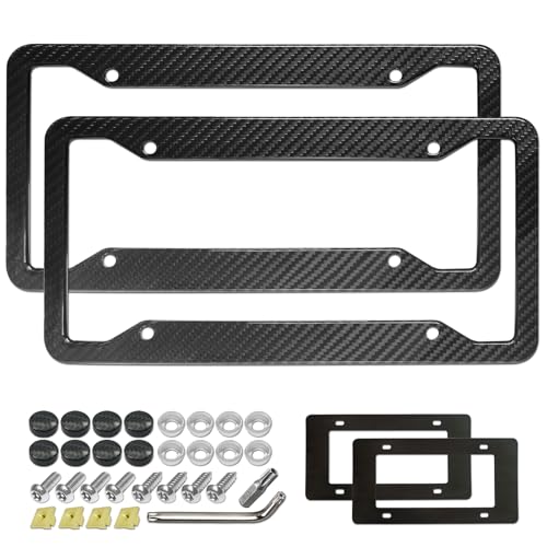 Aootf Carbon Fiber License Plate Frames- 100% Real Carbon Cloth Wrapped Stainless Steel Car Tag Holder, 2 Pack Wide Edge Black Covers with Anti Theft Screws Caps, 4 Hole - style: Wide Edge-4 Hole