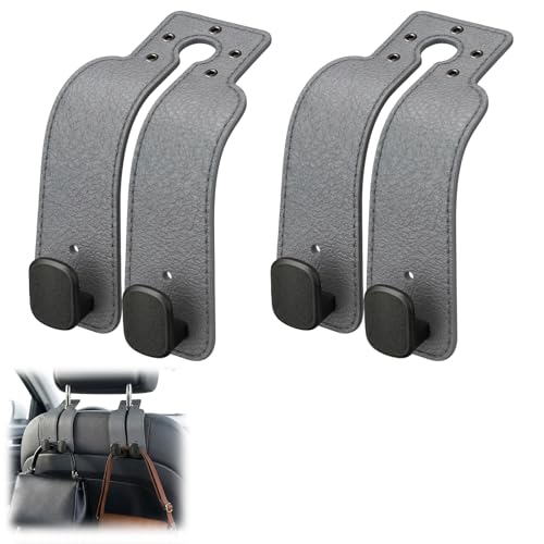 Headrest Hooks for Car, Car Seat Back Organizer Storage Hook, Double Hook Car Seat Hooks for Hanger Purses and Bags, Leather Purse Holder for Car (Grey) - color: Gray