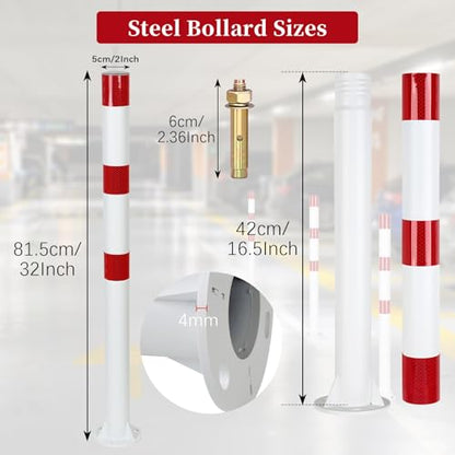 Safety Bollard (32 inch) with Reflective Bands – Heavy-Duty Steel Parking Post, 2 inch Diameter, Includes Anchor Bolts, White/Red - color: White-1 Pack