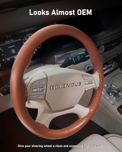 BELINOUS Leather Steering Wheel Cover Lace Up, Stitch on Steering Wheel Wrap, Universal Fit 13-20 Inch Car Truck Pickup Boat, A Whole Piece of Cowhide, DIY w/Needle Thread (Size M0, Brown) - color: Brown, size: M0