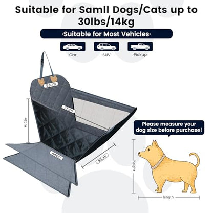 Front Seat Dog Car Seat for Small/Medium Dogs with Door Protection – Full Coverage Pet Booster Seat with Mesh Window, Zippered Side Flaps, Safety Buckle, Grey Linen Fabric