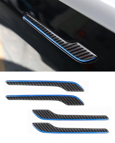 Carbon Fiber Door Handle Cover, Door Handle Protective Cover Decoration Compatible with Tesla Model Y/3 accessories (2017-2025) Highland & Juniper Compatible (4 Pieces) (Blue rim with drip) - style: Blue rim with drip