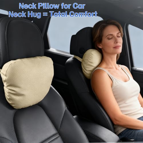 Car Neck Pillow, 2 Pack PU Leather Car Headrest Pillows with Adjustable Strips, Car Neck Support Ergonomic Du-Pont Bio Cotton Pillow, Head Rest Travel Pillow for Car (Beige, Soft Style) - color: Beige