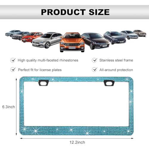 DXNQ Bling License Plate Frame, Sparkly Rhinestone Diamond License Plate Cover with Crystal Screws Caps, Glitter Crystal Stainless Steel License Plate Holder for Women, Car Accessories (Blue) - color: Blue