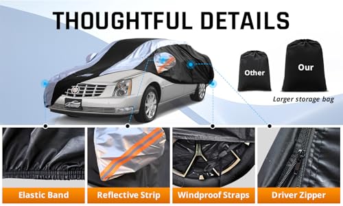 Car Cover Waterproof All Weather with Silver Strip Design, Custom Fit for DTS(2006–2011), XTS(2013-2019), CT6(2016-2020), DTS Accessory with Door Zipper & Windproof Straps - size: Custom Fit Cadillac DTS, XTS, CT6