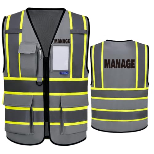 AYKRM Security Vest for Men Women 7 Pockets High Visibility Reflective Safety Vest Front Zipper Meets ANSI/ISEA - color: Grey-manage, size: X-Small