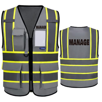 AYKRM Security Vest for Men Women 7 Pockets High Visibility Reflective Safety Vest Front Zipper Meets ANSI/ISEA - color: Grey-manage, size: X-Small