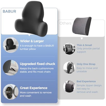 Lumbar Support Pillow with Fixed Chuck | Ergonomic Memory Foam Cushion | Washable Cover | Back Pain Relief & Posture Improvement | Fits Car/Office/Gaming Chairs/Wheelchairs & Home - color: Black