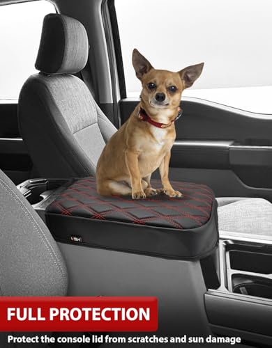 KBH Center Console Armrest Cover for Ford F250 F350 F450 F550 2023 2024 2025 2026, Bucket Seat Console, Super Duty Accessories, Arm Rest Lid Cushion Covering, Anti-Scratch, Black-Red Stitch - size: Bucket Seat, 23-26 F250-F550, Red Stitch