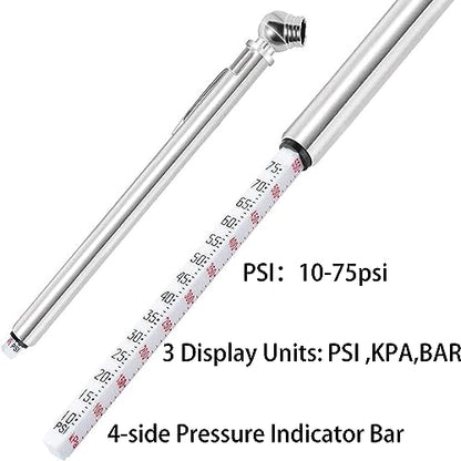 PINKJOY Pencil Tire Pressure Gauge (10-75PSI) Stainless Steel Body and Metal Made Nozzle 3 Measurements for Vehicles (3 Pack)